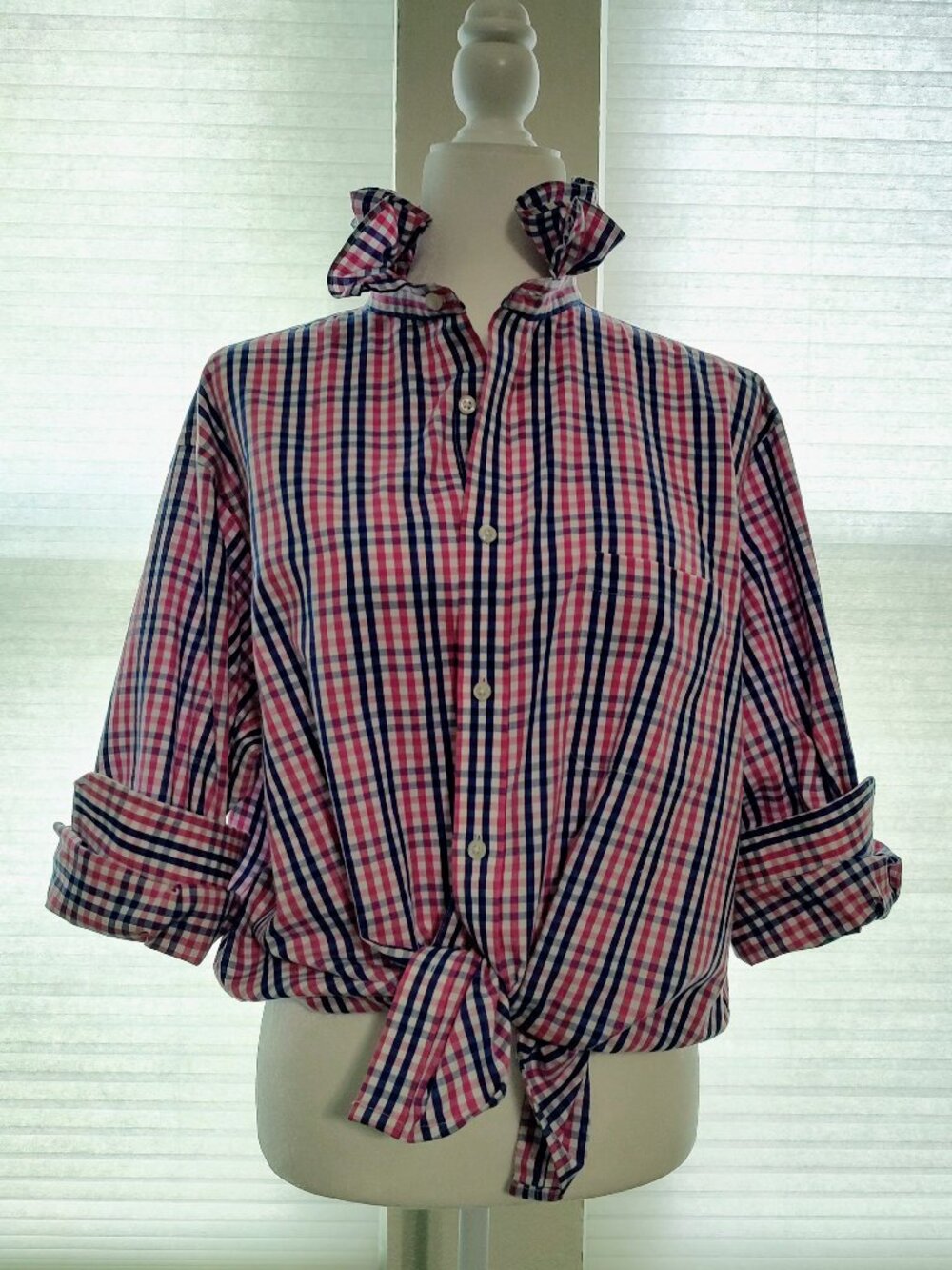 Women's Purple Gingham Ruffle-Collar Shirt